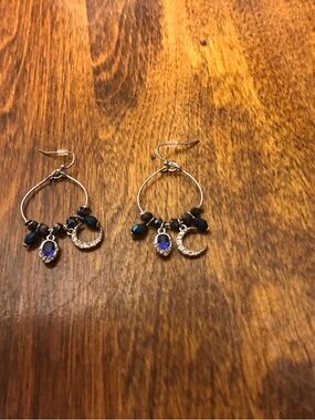 Avon Silver Hoop Earrings with Blue Gem and Crescent Charm .